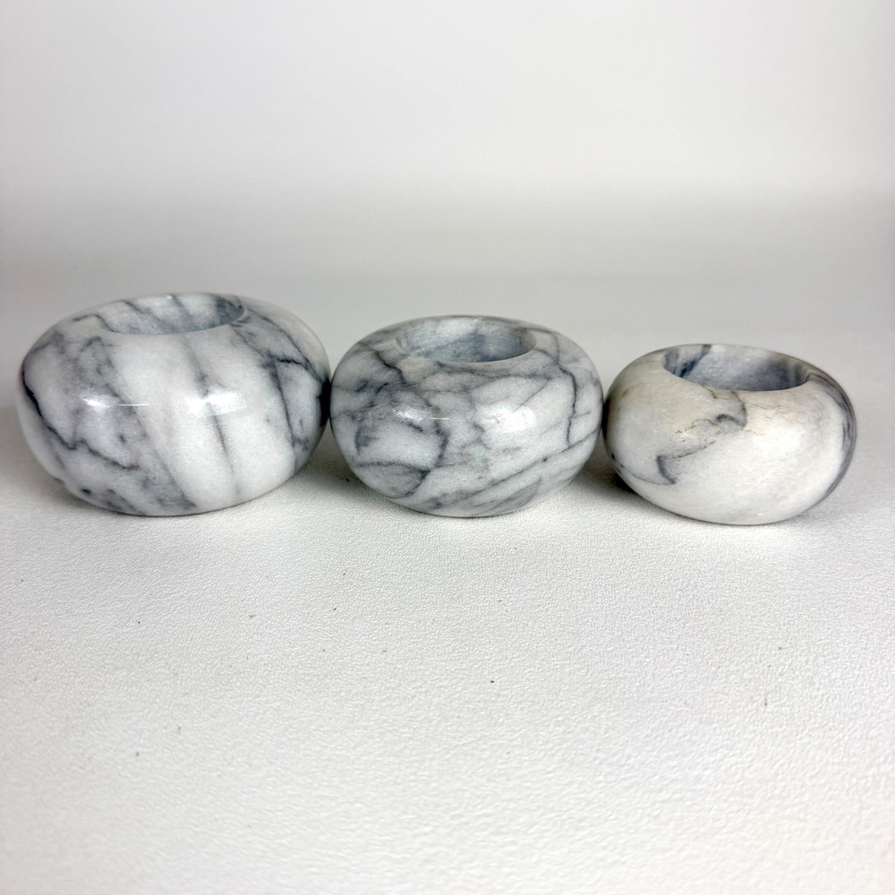 Marble Candle Holders Set of 3 Votive Grey White Stone Round Vintage Taiwan